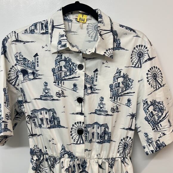 Maje Rapomi white shirt dress paris Print short sleeve Dress Size 3 FR 40 US 8 - Picture 8 of 14